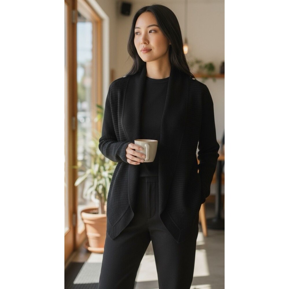 WHBM Wool Blend Black Open Front Ribbed Knit Cardigan Sweater Size M